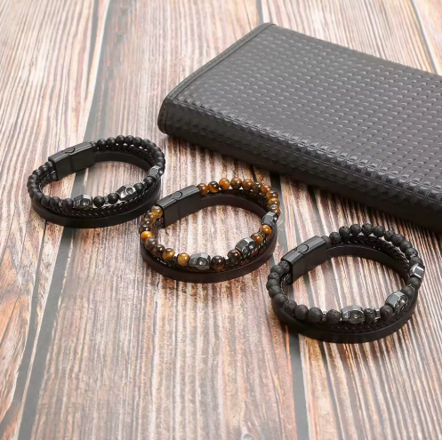 Lot de 3 Bracelets Triple Couronnes Cuir Tressé