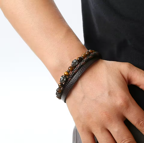 Lot de 3 Bracelets Triple Couronnes Cuir Tressé