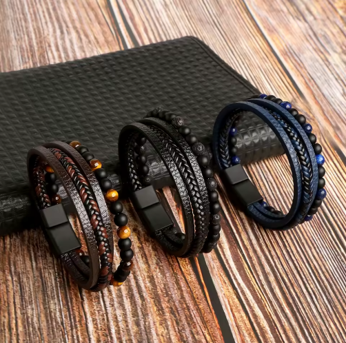 Lot de 3 Bracelets Fusion Quatro en Cuir Tressé Perles