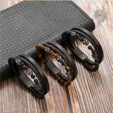 Lot de 3 Bracelets Triple Couronnes Cuir Tressé