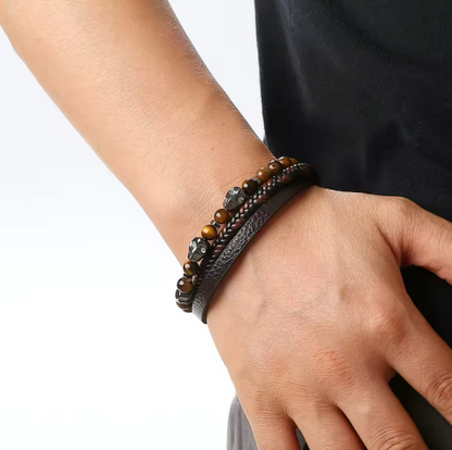 Lot de 3 Bracelets Triple Couronnes Cuir Tressé