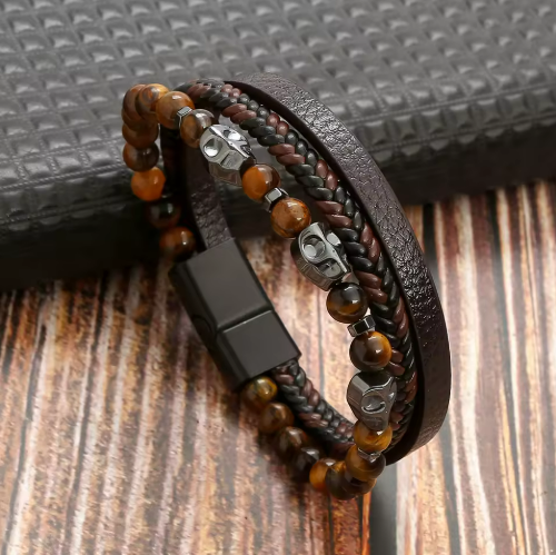 Bracelet Triple couronnes Cuir et Perles