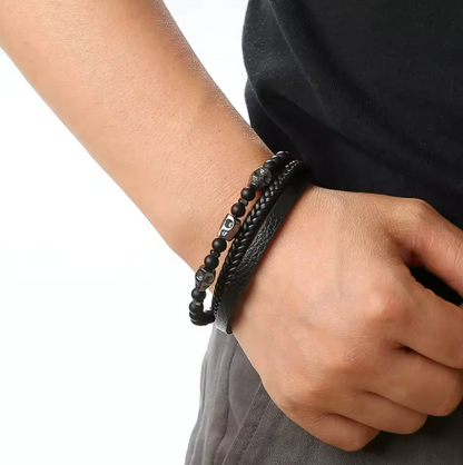 Lot de 3 Bracelets Triple Couronnes Cuir Tressé