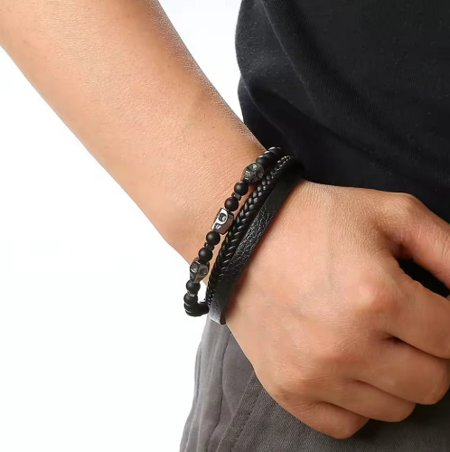Lot de 3 Bracelets Triple Couronnes Cuir Tressé