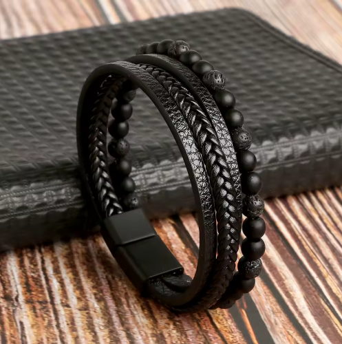 Bracelet Fusion Quatro en Cuir Tressé Perles